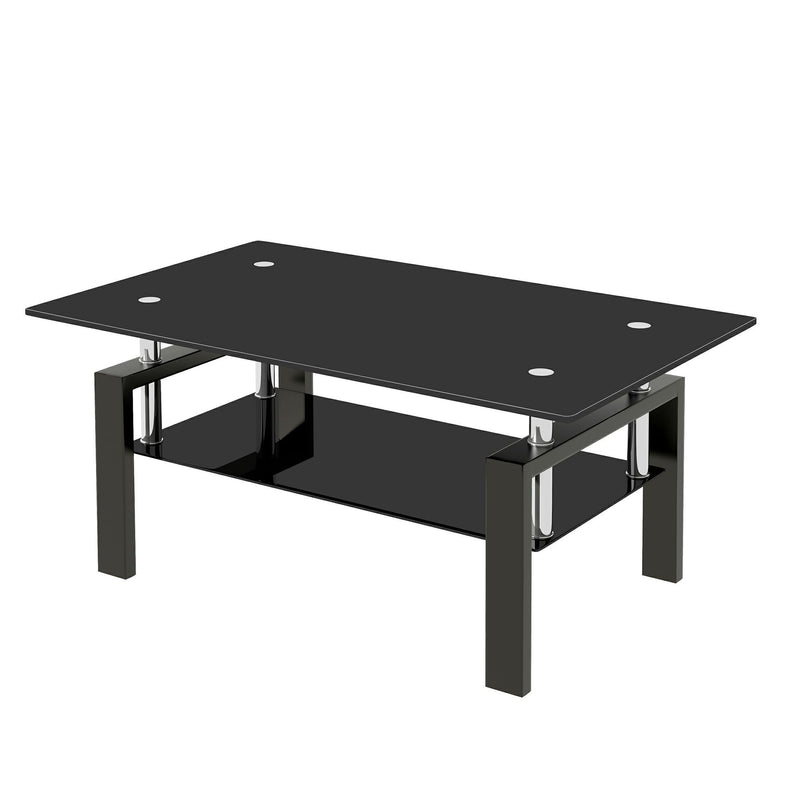 39" Glass And Steel Coffee Table With Shelf - Black