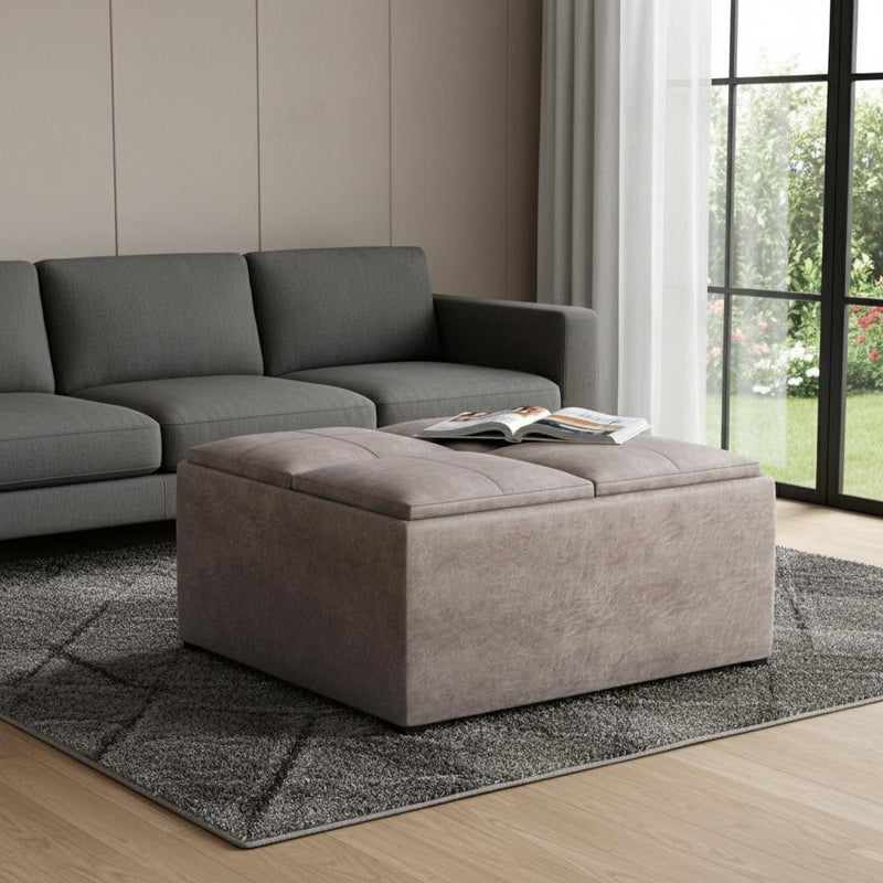 Leather Cocktail Ottoman With Storage - Gray / Black