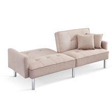 Load image into Gallery viewer, Polyester Blend Convertible Futon Sleeper Sofa And Toss Pillows With Silver Legs - Beige
