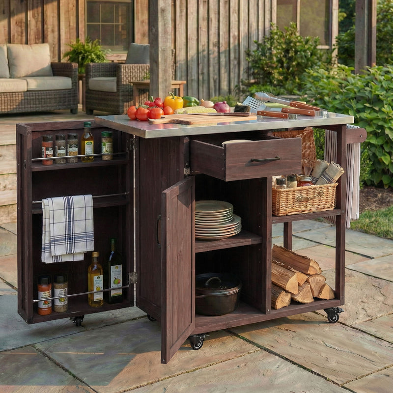 Outdoor Kitchen Island Prep Station With Lockable Wheels, Ample Storage, Towel & Spice Racks