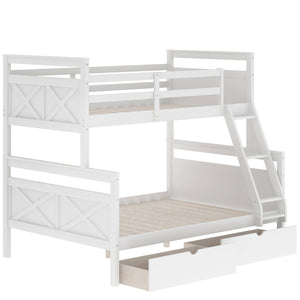 Twin over Full Bunk Bed with Ladder, Two Storage Drawers, Safety Guardrail, White