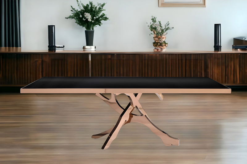 87" Glass And Stainless Steel Pedestal Base Dining Table - Black / Gold