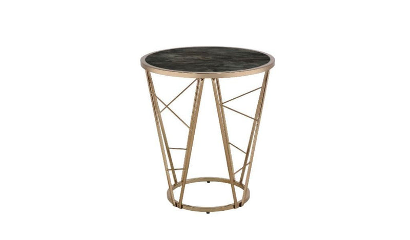 Faux Marble Glass And Metal Round End Table - Champagne And Black