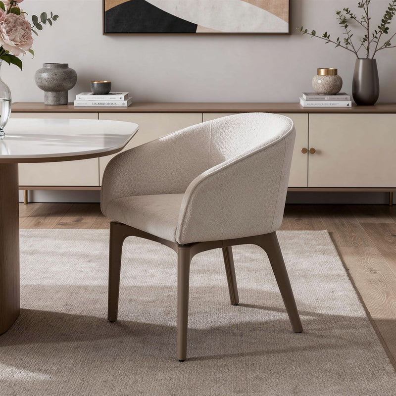 Boucle Faux Leather Dining Arm Chair - Taupe / Brown