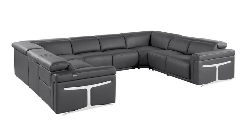 Italian Leather Power Reclining U Shaped Eight Piece Corner Sectional With Console - Dark Gray