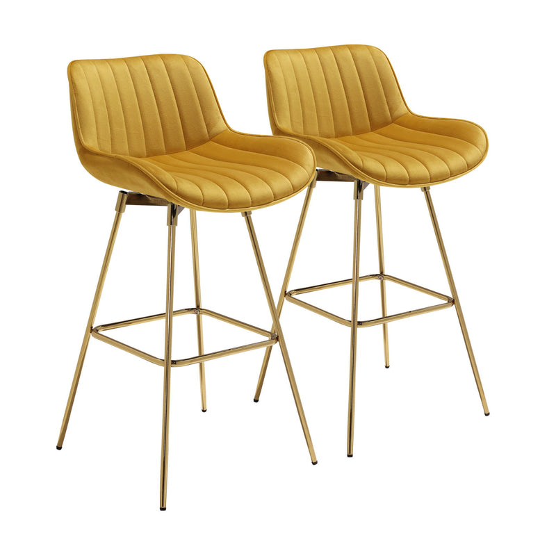 Velvet And Metal Swivel Low Back Bar Height Bar Chairs (Set of 2) - Yellow And Gold