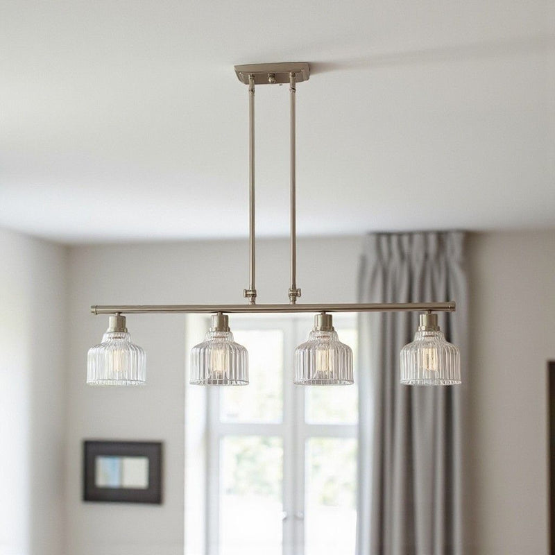Kitchen Island Four Light Metal Transparent Glass Dimmable Chandelier With Shades - Nickel