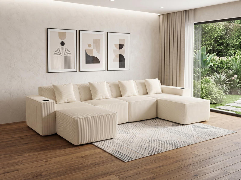 Corduroy Modular Sofa With Ottoman And Toss Pillows - White