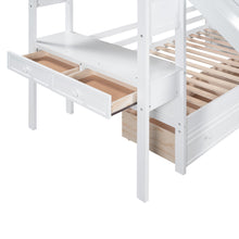 Load image into Gallery viewer, Twin over Twin Bunk Bed with Storage Staircase, Slide and Drawers, Desk with Drawers and Shelves, White
