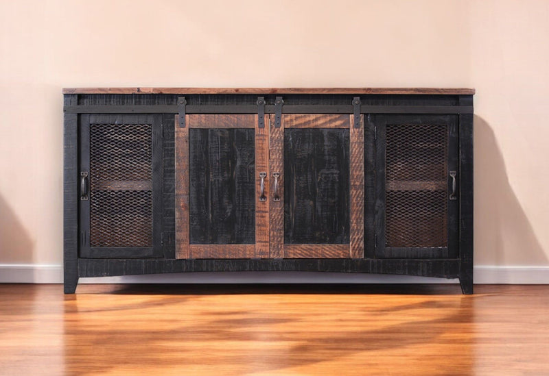 Solid Wood Cabinet Enclosed Storage Distressed, TV Stand - Black