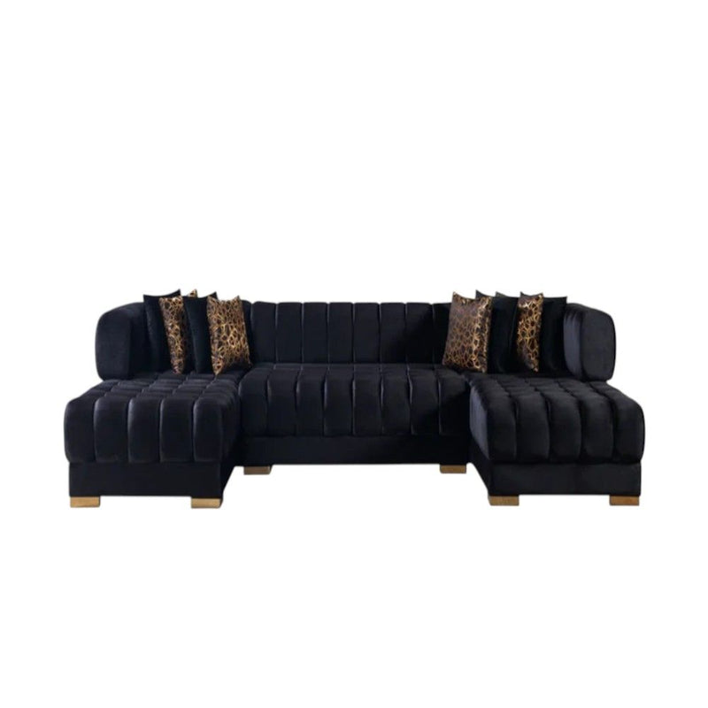 Velvet Three Piece Sofa Chaise Sectional With Toss Pillows - Black