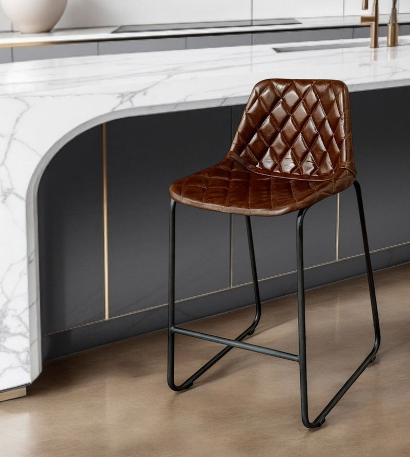 Leather Counter Height Bar Chair With Footrest 38" - Brown and Black
