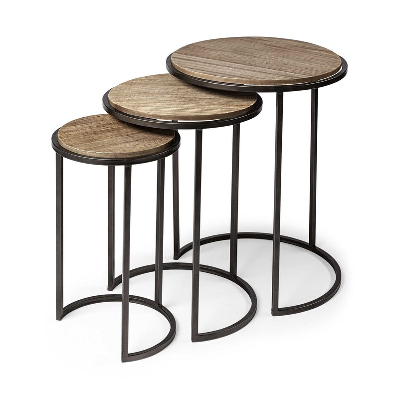 Solid Wood Round End Table (Set of 3) - Black And Brown