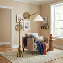 Load image into Gallery viewer, Lisbon - Floor Lamp With On / Off Switch Coned Base Hanging Shade - Antique Brass / White

