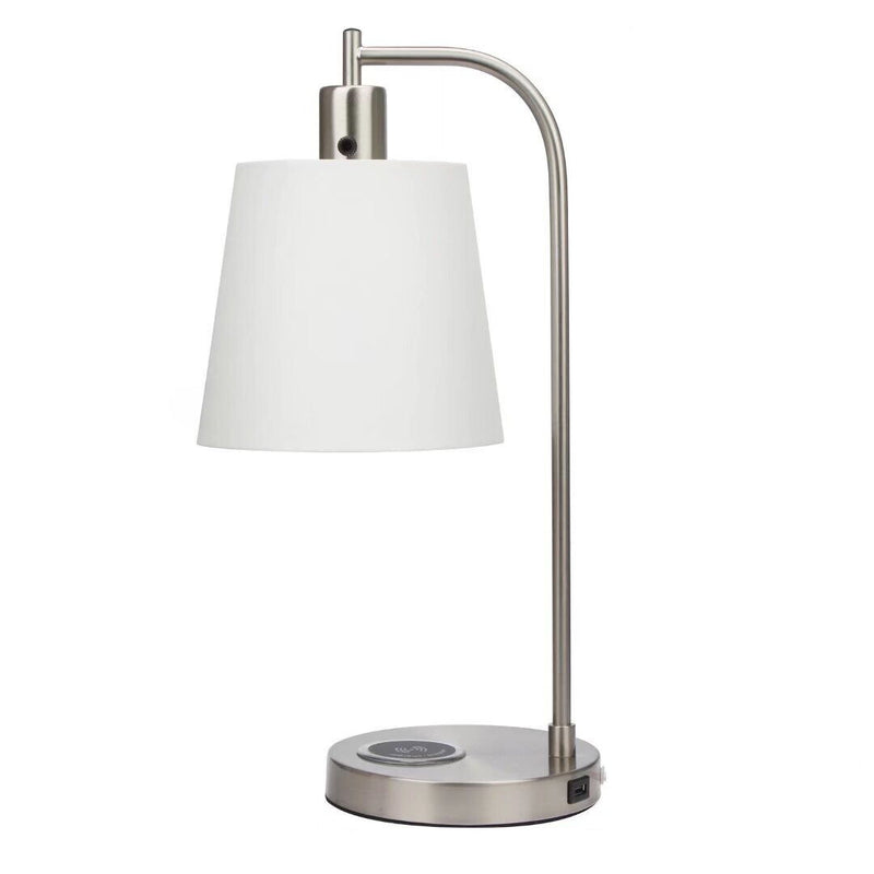 Metal Round USB Table Lamp With White Empire Shade - Nickel