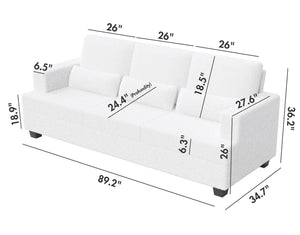 88.4" Length Modern Sofas Couches for Living Room, Sofas & couches with Square Armrest, Removable back Cushion and 3pcs waist pillow  (White&Gray Fabric)