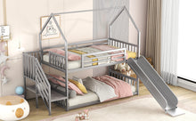 Load image into Gallery viewer, Twin over Twin Metal Bunk Bed House Bed with Slide and Staircase, Silver
