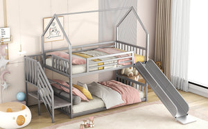 Twin over Twin Metal Bunk Bed House Bed with Slide and Staircase, Silver