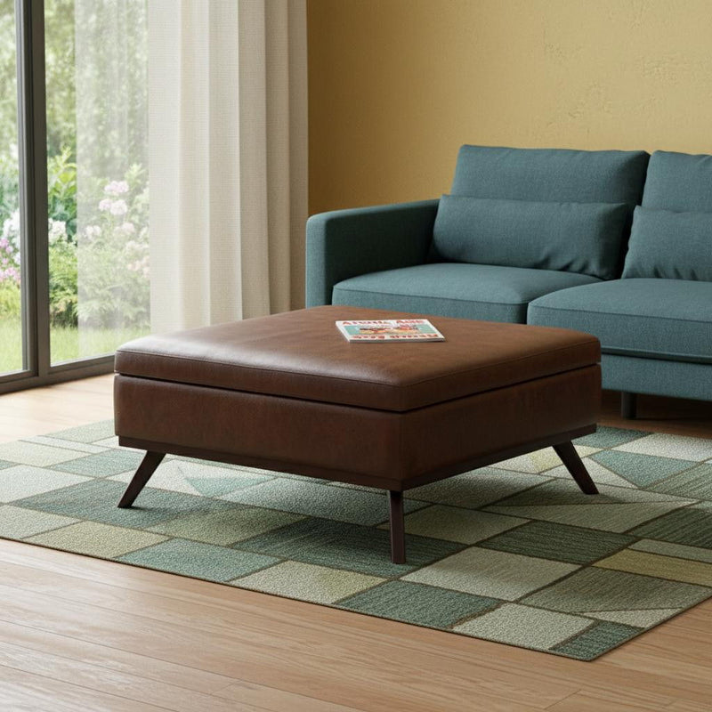 Mid-Century Cocktail Leather Ottoman With Storage - Brown