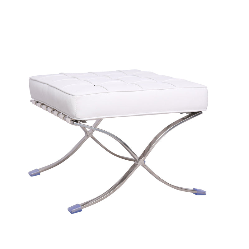 Leather Tufted Ottoman - White / Silver
