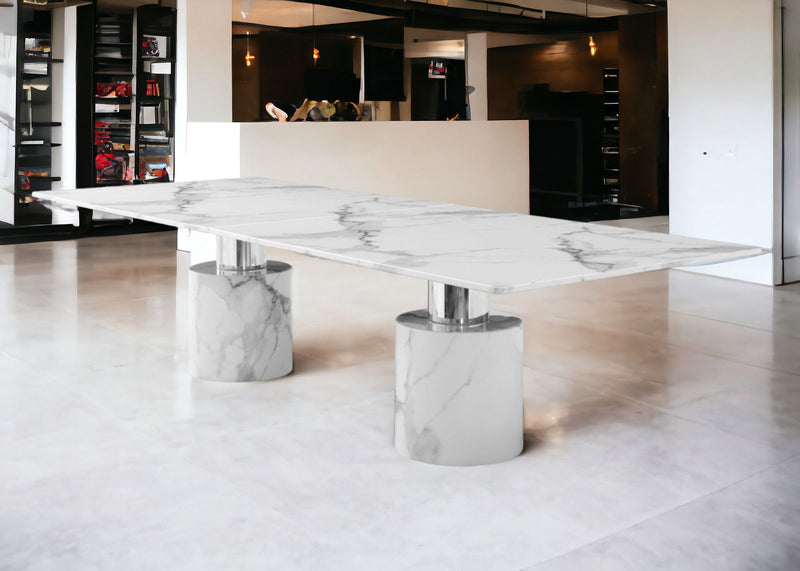 120" Marble Double Pedestal Base Dining Table - White