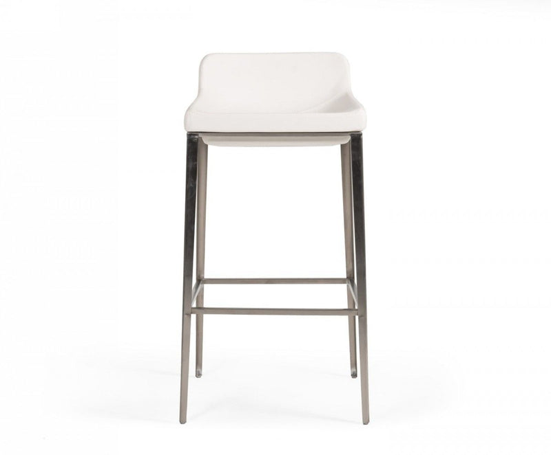 Faux Leather And Stainless Steel Low Back Bar Height Bar Chair - White And Silver