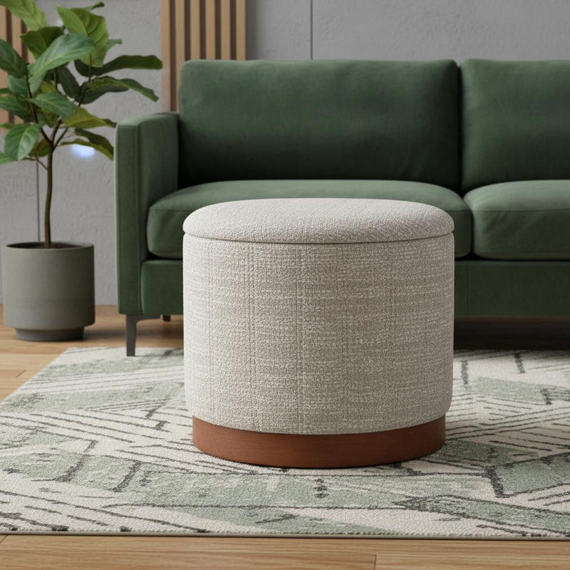 Fabric Round Ottoman With Storage - Gray / Brown