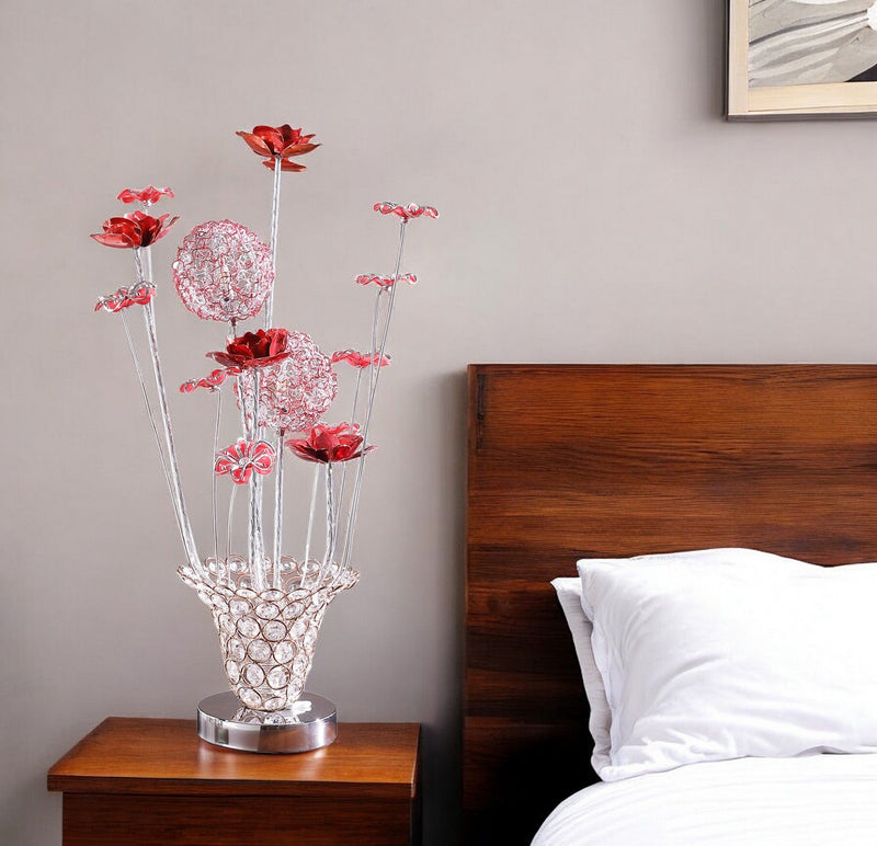 Metal And Faux Crystal Red Roses Bedside Lamp - Silver And Clear