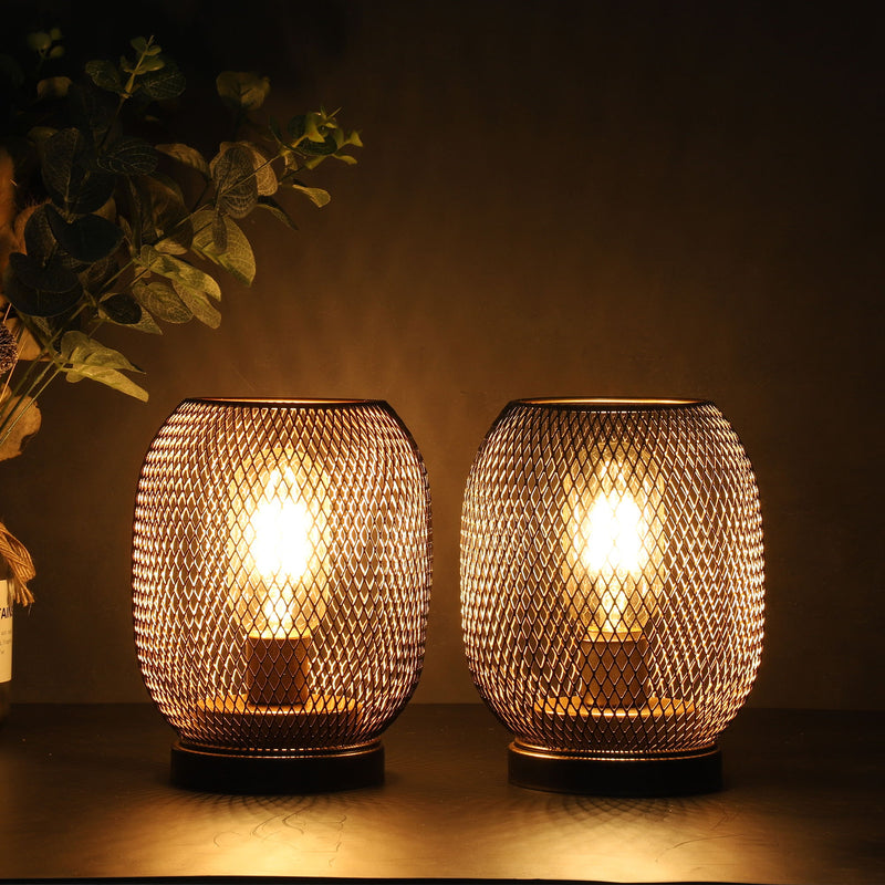 7" Metal Lantern Bedside Lamps With Lattice Cage Shade (Set of 2) - Black And Brown