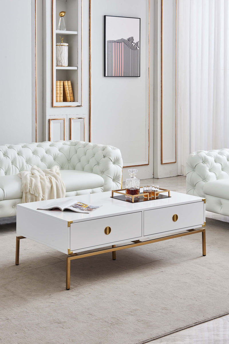 Solid Wood Stainless Steel Coffee Table With Two Drawers - White / Gold