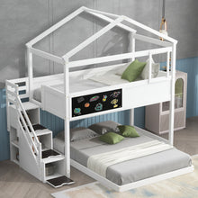 Load image into Gallery viewer, Twin over Full House Bunk Bed with Storage Staircase and Blackboard,White(Old SKU: GX001701AAK)
