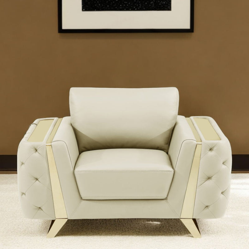 Genuine Leather Tufted Club Chair - Beige And Gold