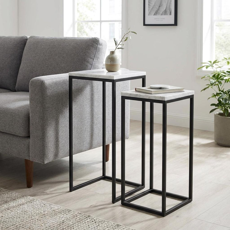 Marble And Steel Square Frame Nested Tables (Set of 2) - White And Black
