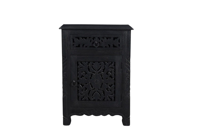 One Drawer Carved Floral Solid Wood Nightstand - Distressed Black