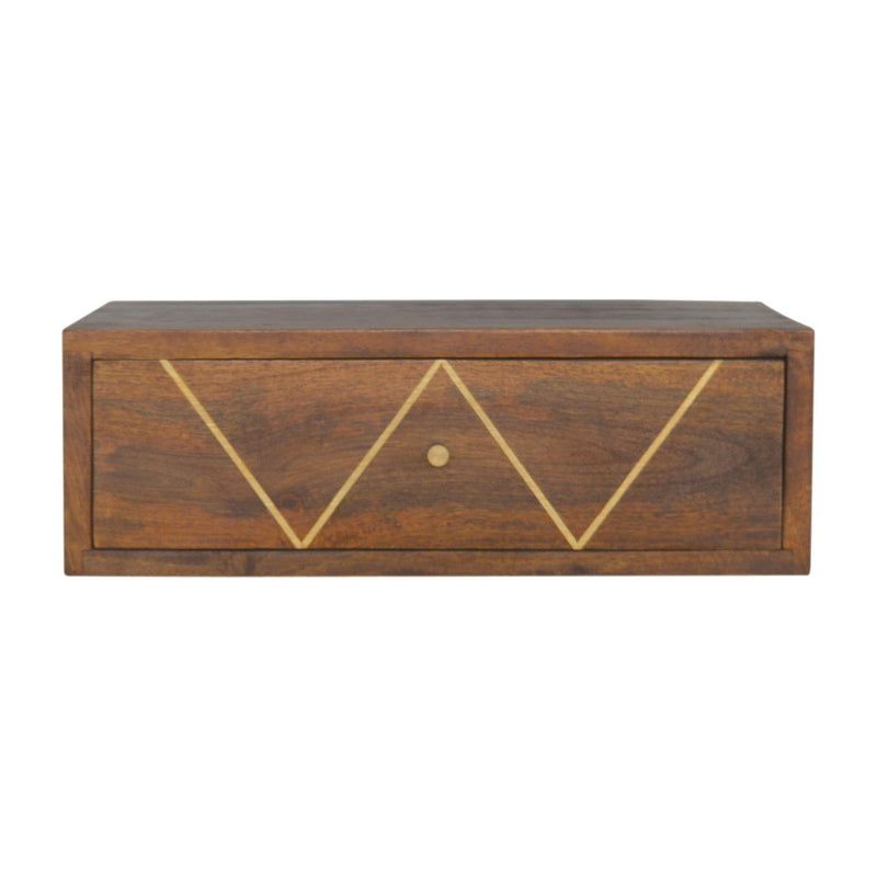 18" Solid Wood Geometric Brass Inlay One Drawer Floating Nightstand - Brown