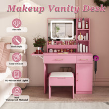 Load image into Gallery viewer, Vanity Desk With LED Mirror Lights And Power Outlet Charging Station, 3 Drawers, 7 Shelves, Storage Stool - Pink
