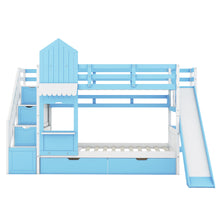 Load image into Gallery viewer, Twin-Over-Twin Castle Style Bunk Bed with 2 Drawers 3 Shelves and Slide - Blue
