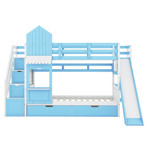 Twin-Over-Twin Castle Style Bunk Bed with 2 Drawers 3 Shelves and Slide - Blue