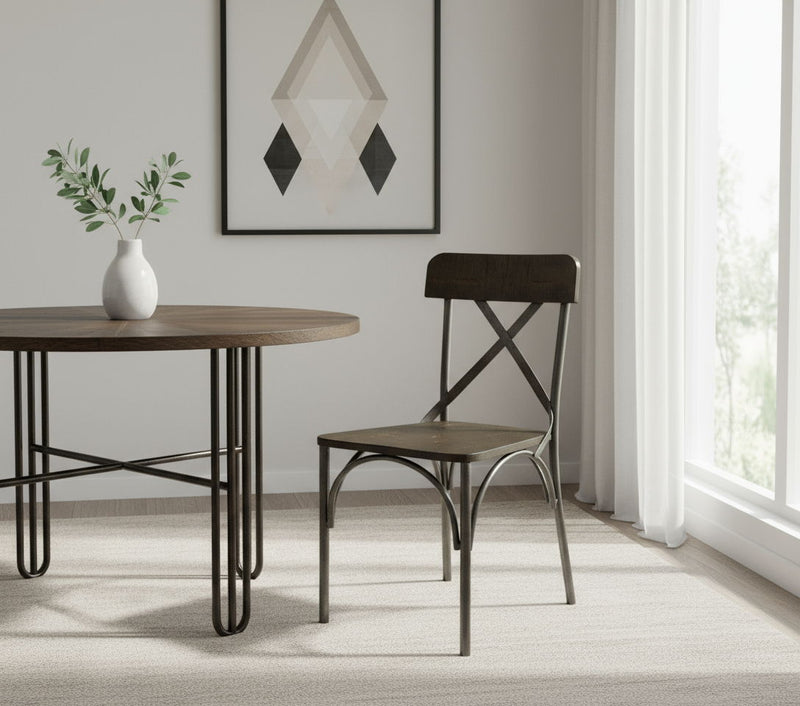 Solid Wood Cross Back Dining Side Chairs (Set of 2) - Brown / Gray
