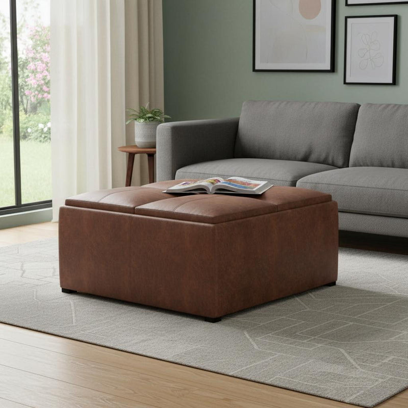 35" Leather Cocktail Ottoman With Storage - Brown / Black