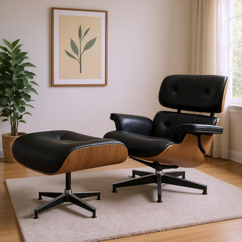 27" Tufted Genuine Leather Swivel Lounge Chair With Ottoman - Black / Walnut