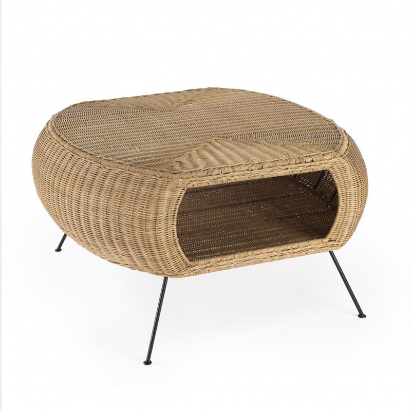 Rattan And Iron Oval Coffee Table With Shelf - Natural And Black