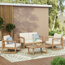 Load image into Gallery viewer, 4 Pieces Acacia Wood Patio Furniture Set, Outdoor Furniture With Coffee Table, Patio Conversation Set Deep Seating With Soft Cushion, Porch Chairs For Backyard Porch Balcony - Brown Wash / Beige
