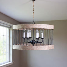 Load image into Gallery viewer, Wood And Metal Cylinder Six Light Dimmable Chandelier - Black / Natural
