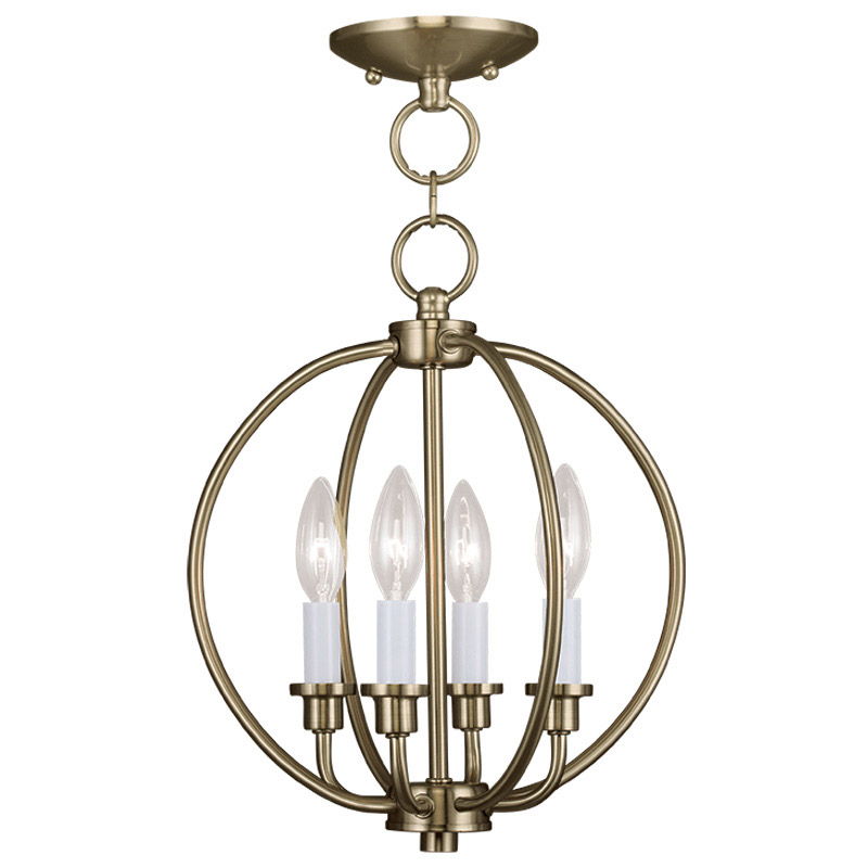 Four Light Metal Dimmable Chandelier With Shades - Brass / White