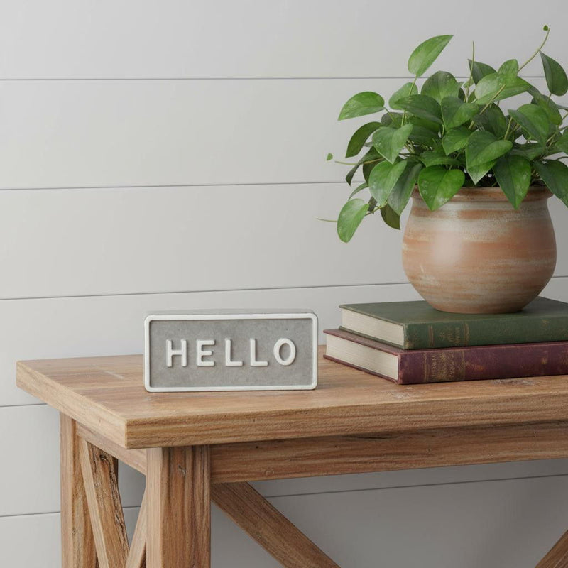 Galvanized Hello Hand Painted Tabletop Sign - Gray / White
