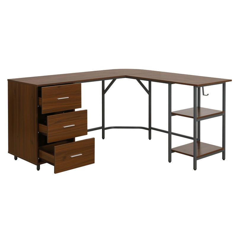 Stainless L Shape Computer Desk With Three Drawers - Walnut