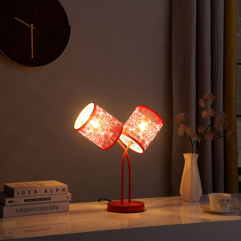 Metal Two Light Table Lamp With Red Abstract Drum Shade - Red