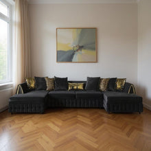 Load image into Gallery viewer, Velvet U Shaped Sofa Chaise Sectional With Toss Pillows - Black
