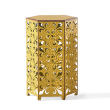 Load image into Gallery viewer, Outdoor Hexagonal Accent Table Set With Charming Fleur De Lis Panel Sides - Antique Yellow
